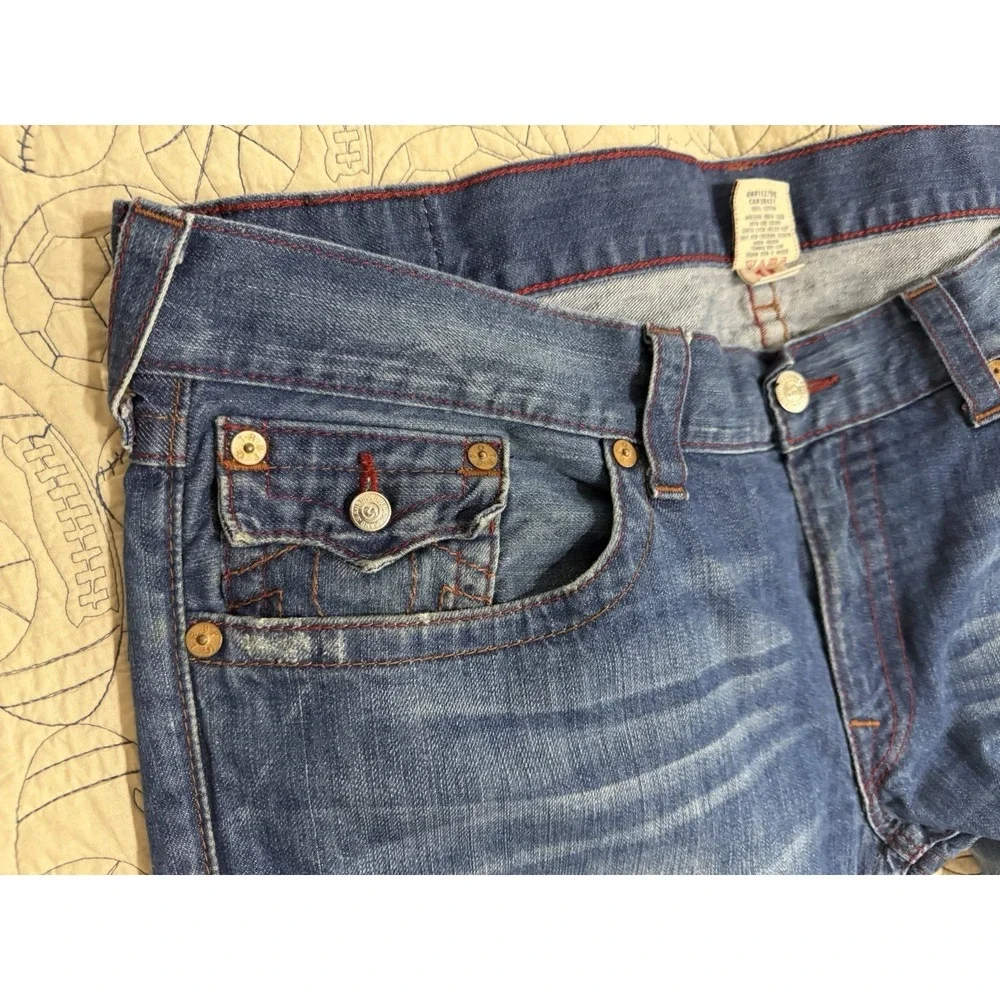 True Religion Mens Blue Jeans Tag Size 42 Distressed Pocket Flaps World Tour